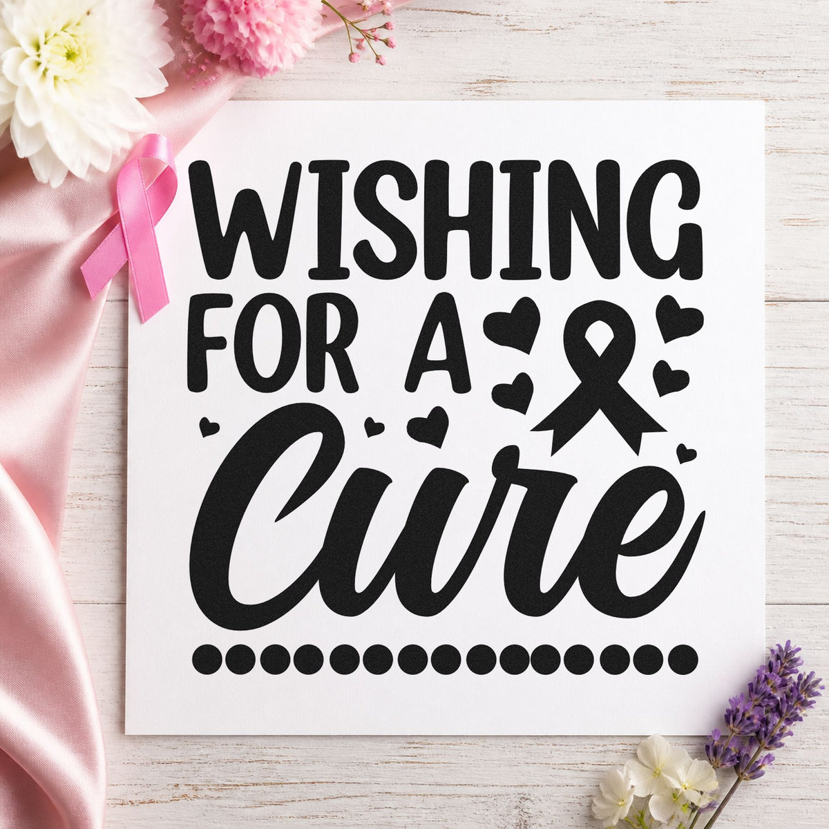 Wishing for a Cure rubber stamp printed in black ink, ready for wishing cards and similar paper crafts.