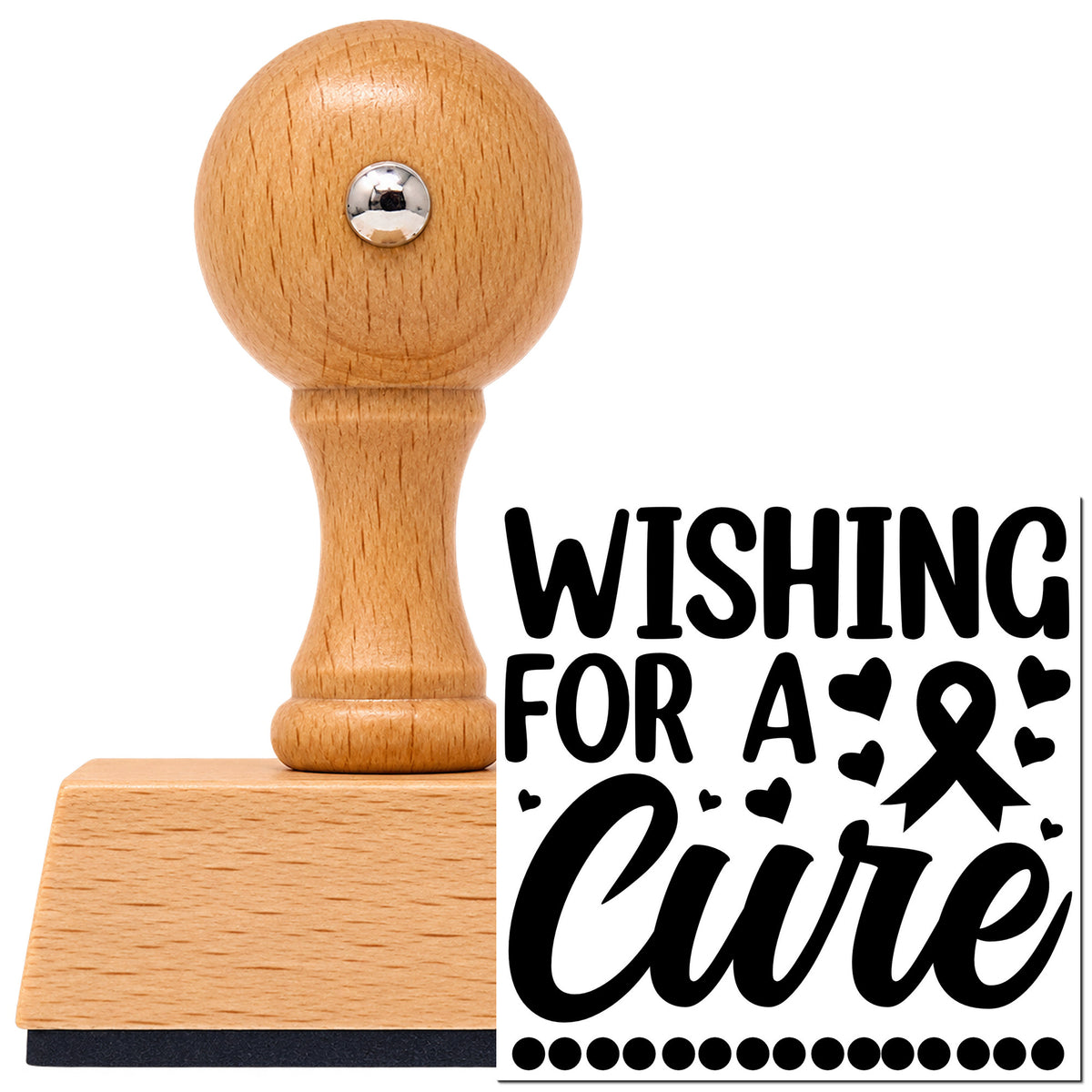 Vintage Pro beech wood stamp with a round knob handle, shown with its black Wishing For A Cure imprint on white.
