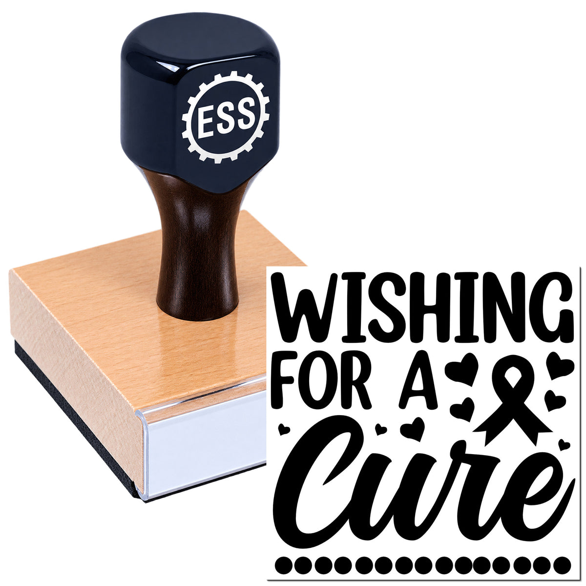 Dark blue ESSI rubber stamp on a pink seal block beside a "Wishing for a Cure" ribbon graphic.