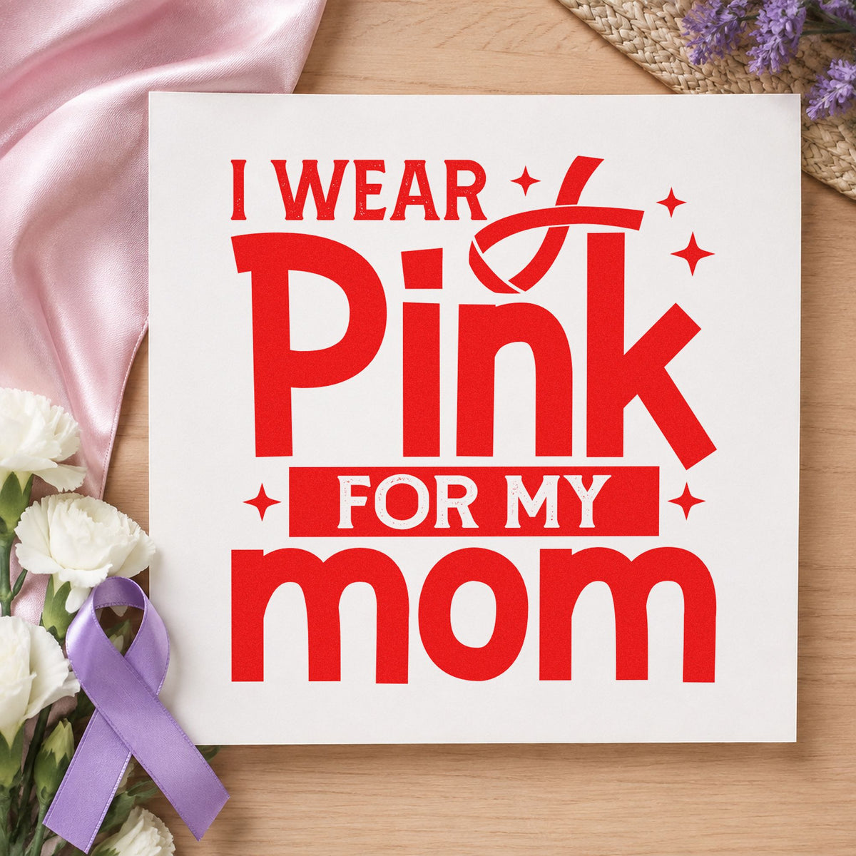 I Wear Pink for Mom rubber stamp shown in red ink, stamped for projects such as hair bow gift tags.