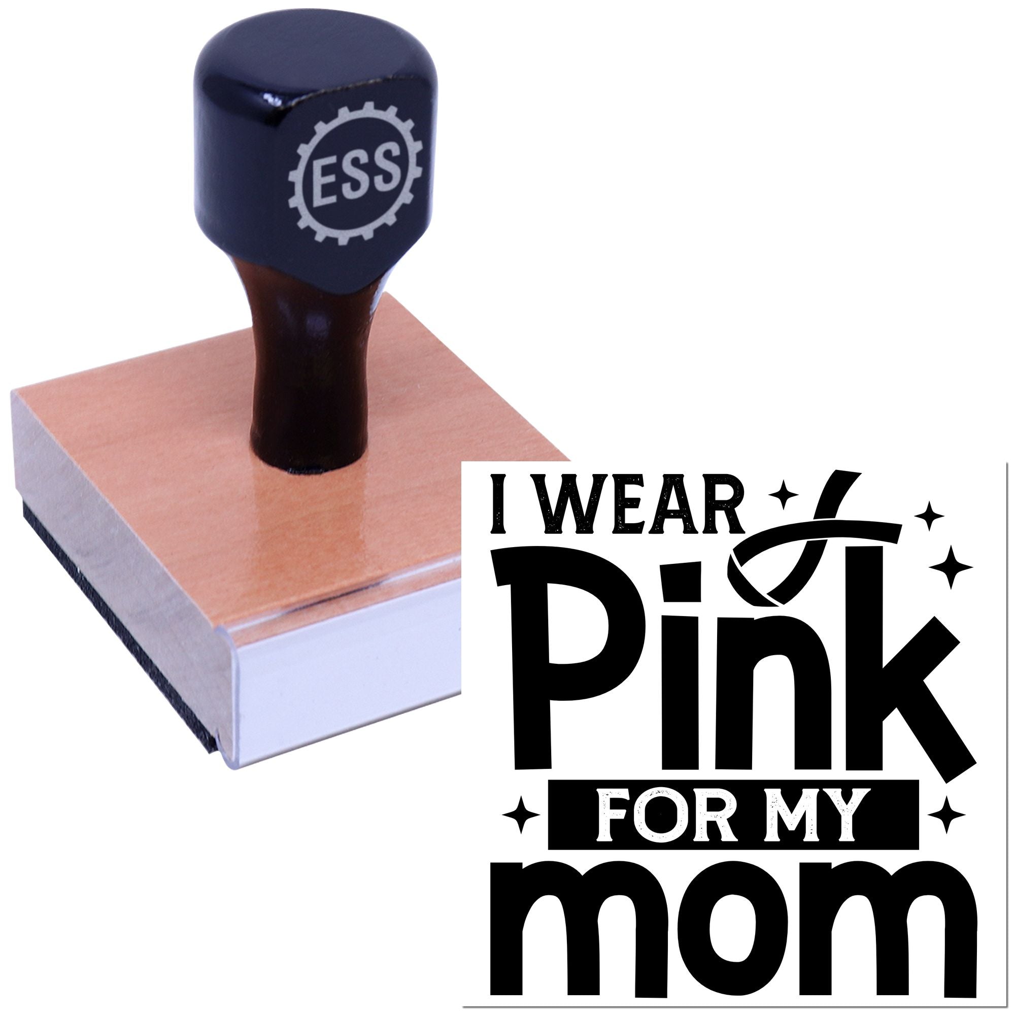 Dark navy custom stamp and seal on pink block with I wear pink for my mom graphic.