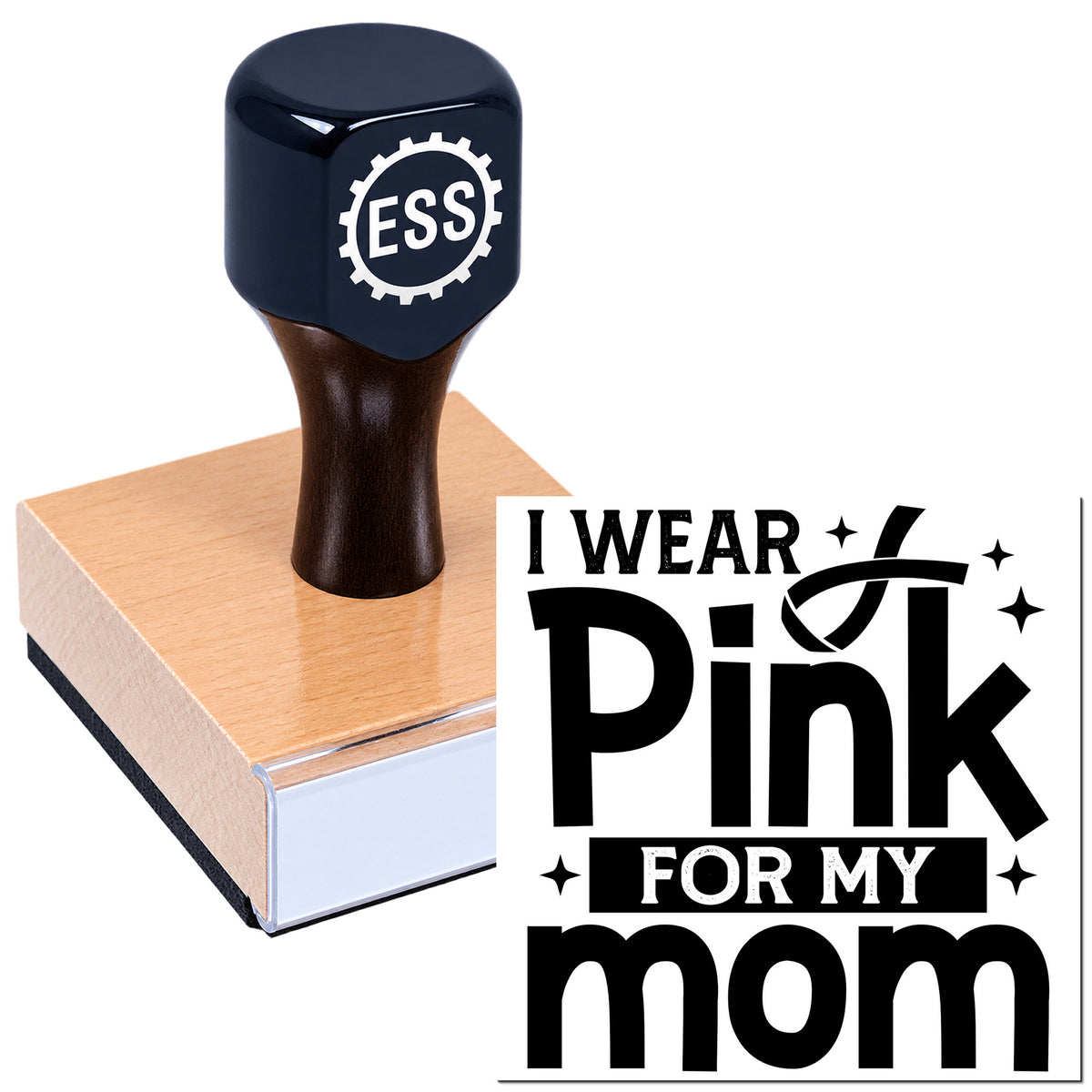 Dark navy custom stamp and seal on pink block with "I wear pink for my mom" graphic.