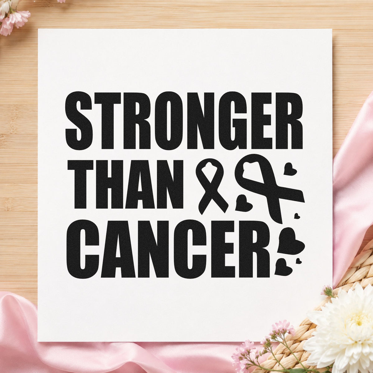 Stronger Than Cancer craft stamp imprint in black ink on a handmade project, one idea being remission party tags.