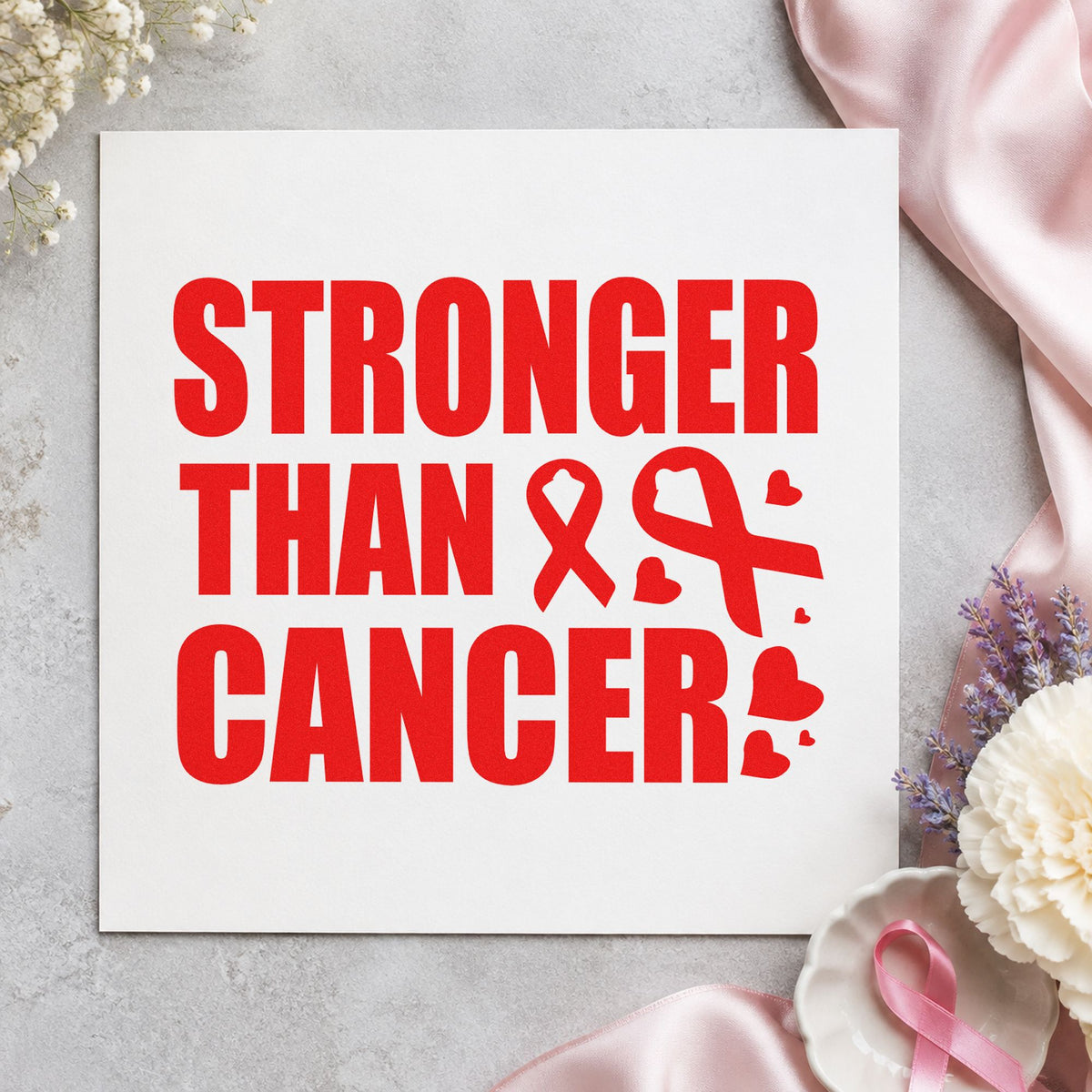 Stronger Than Cancer rubber stamp shown in red ink, stamped for projects such as framed wall prints.