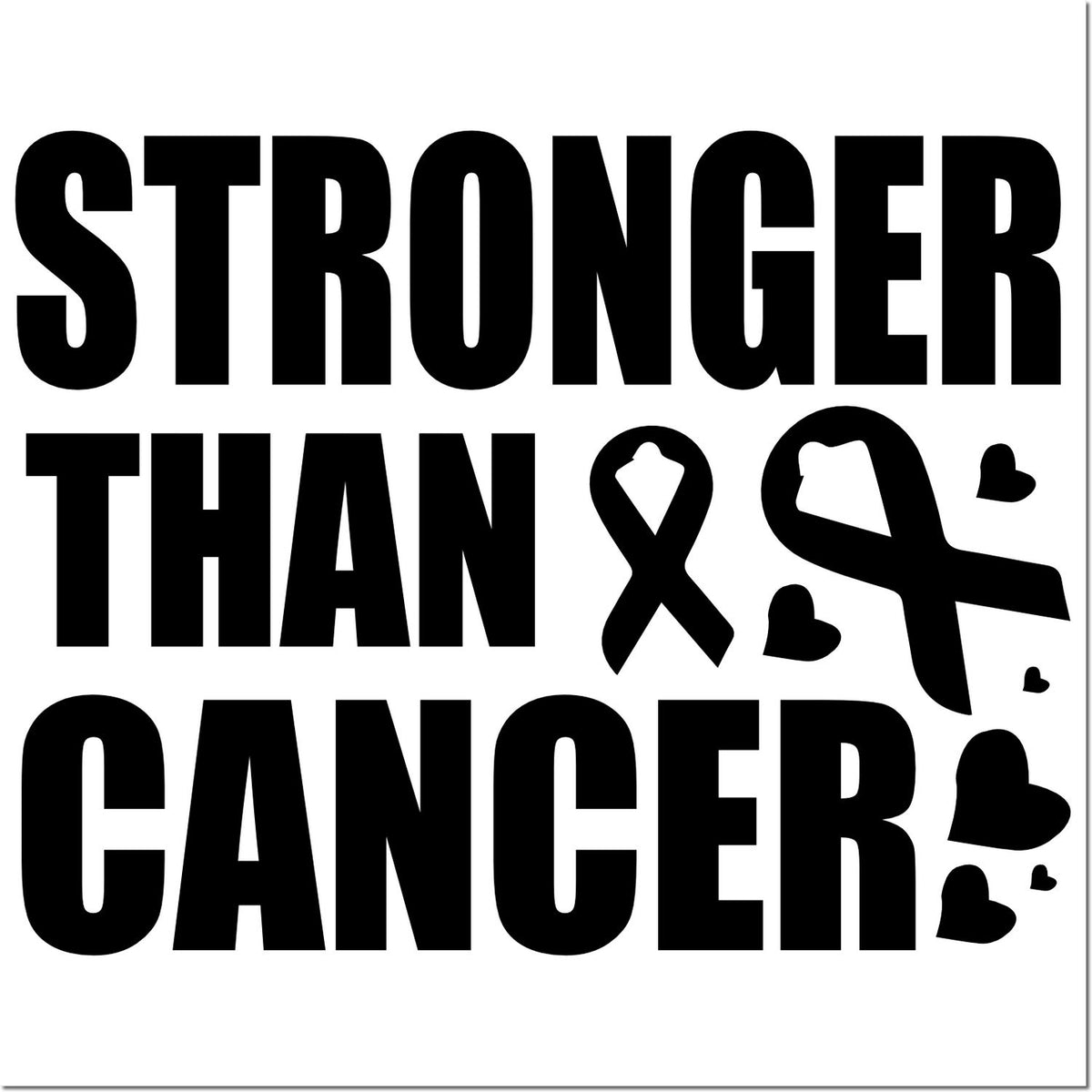 Black "Stronger Than Cancer" stamp/seal design with awareness ribbon and hearts on a white background.