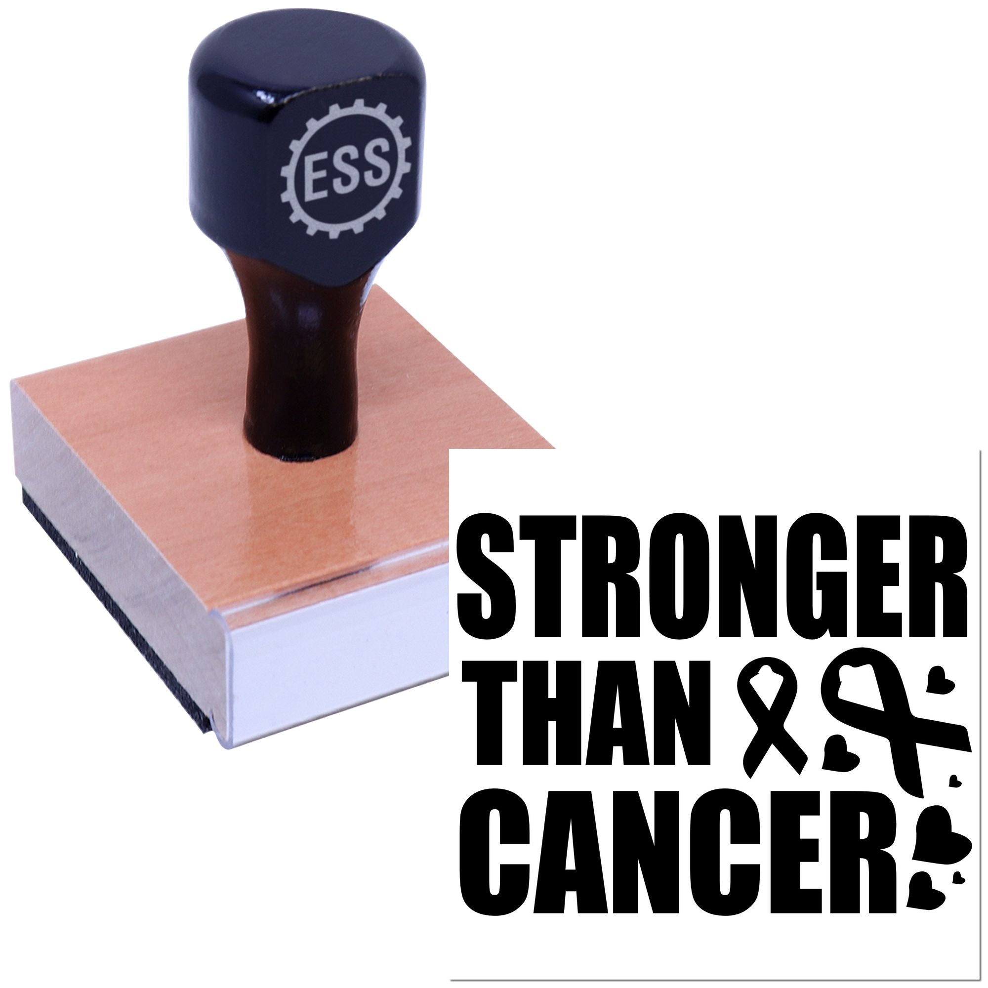 Black ESS rubber stamp on a peach seal block with bold Stronger Than Cancer text.