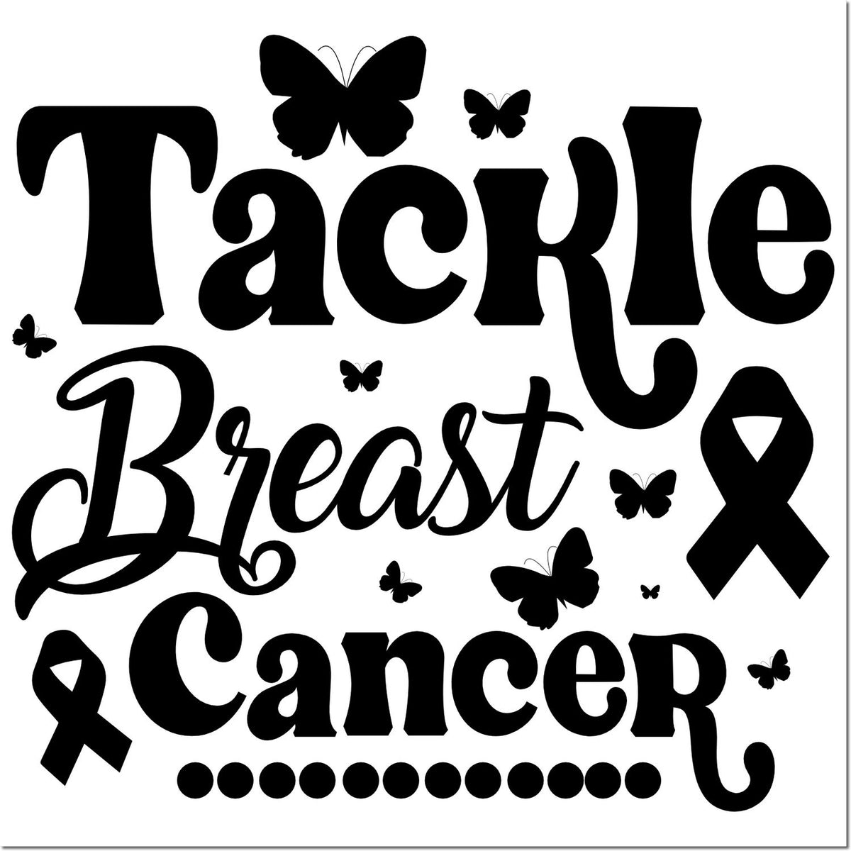 Black Tackle Breast Cancer stamp design with butterflies, ribbon icons, and bold decorative lettering.