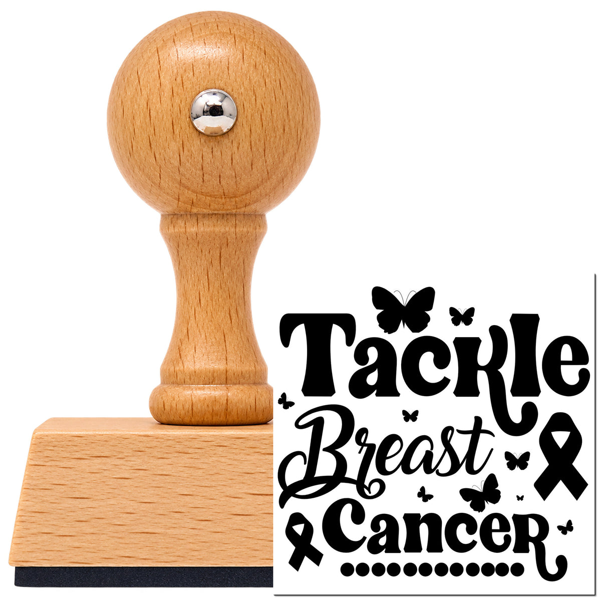 Vintage Pro beech wood stamp with a round knob handle, shown with its black Tackle Breast Cancer Butterflies Awareness Ribbon imprint on white.