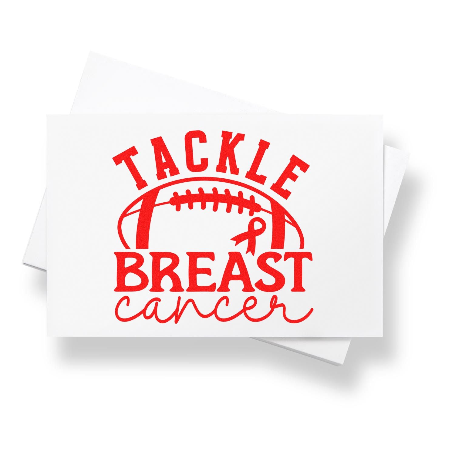 Red tackle breast cancer football stamp seal on white cards with ribbon graphic