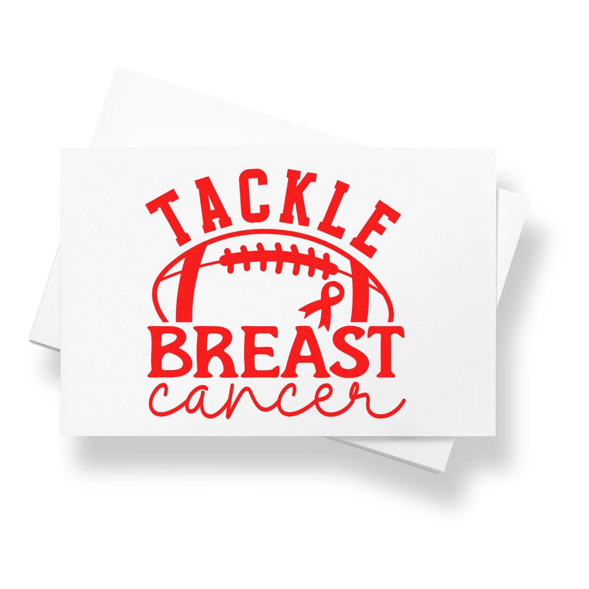 Red breast cancer awareness stamp and seal design with football, ribbon, and bold red text on white cards