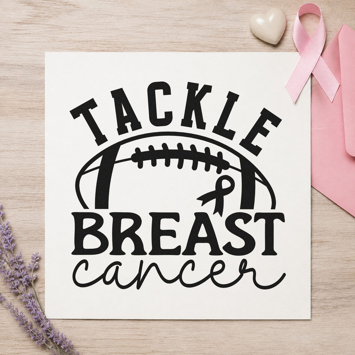 Tackle Breast Cancer Football craft stamp imprint in black ink on a handmade project, one idea being booster club shirts.