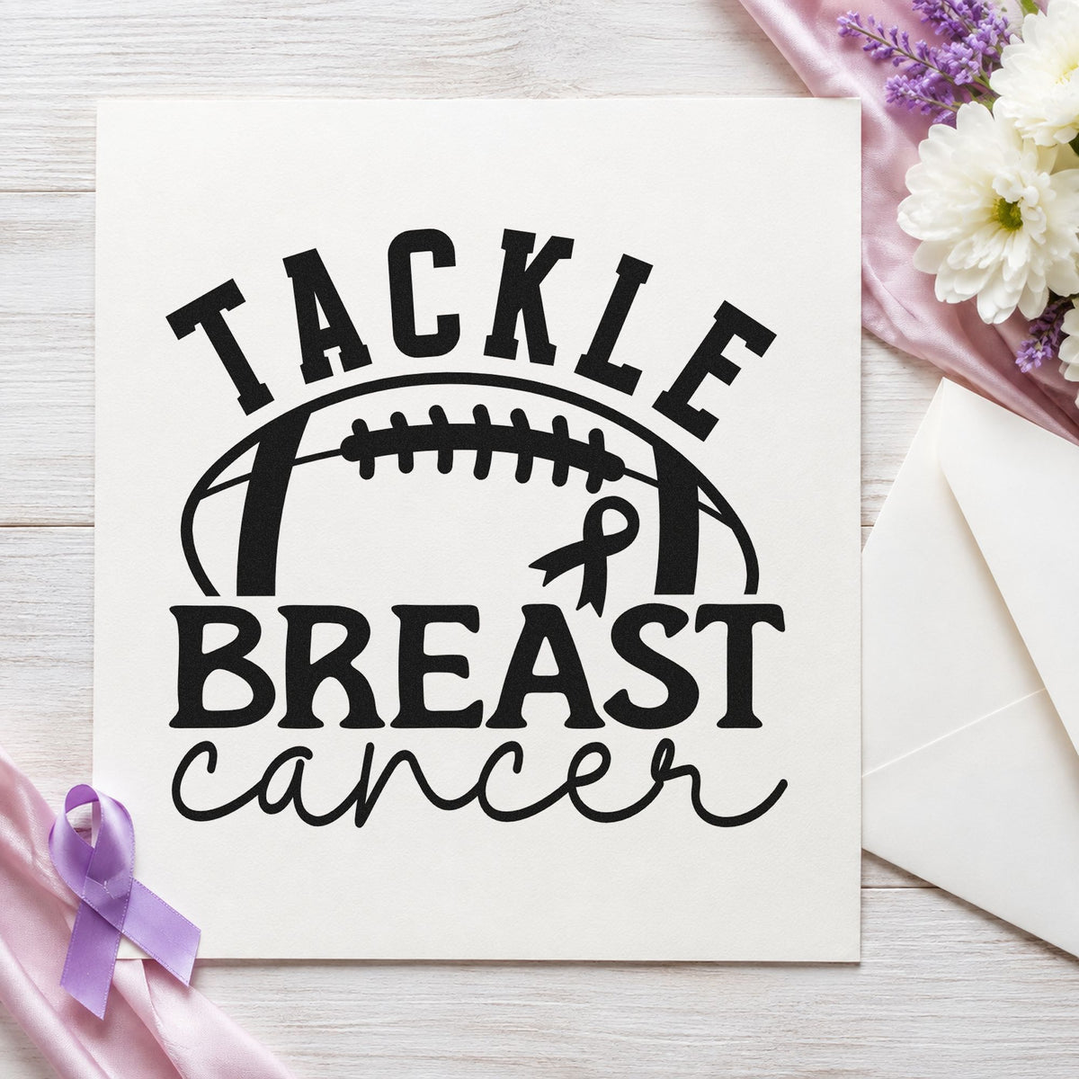 Tackle Breast Cancer Football rubber stamp printed in black ink, ready for concession bag labels and similar paper crafts.