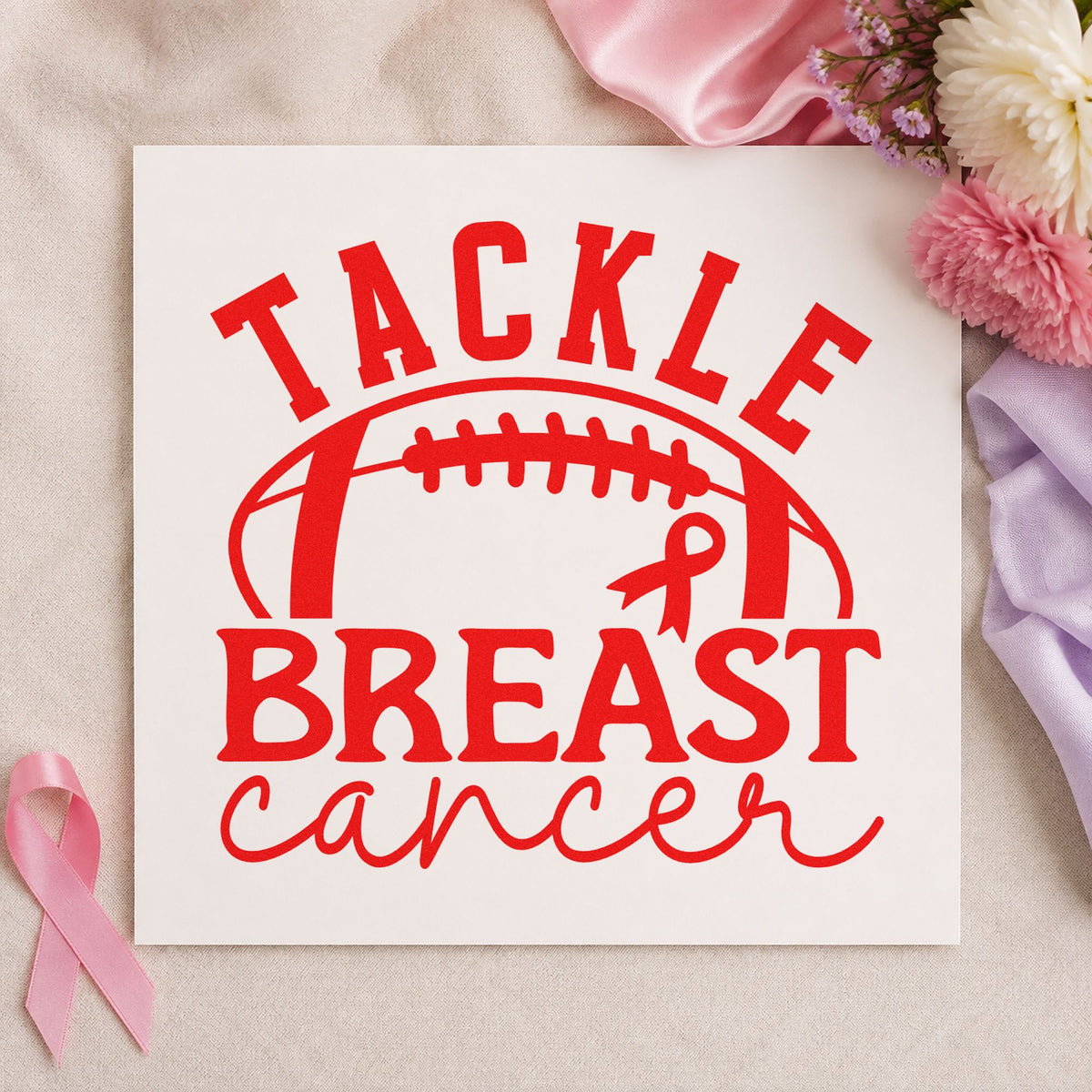 Tackle Breast Cancer Football rubber stamp shown in red ink, stamped for projects such as scrapbook game pages.