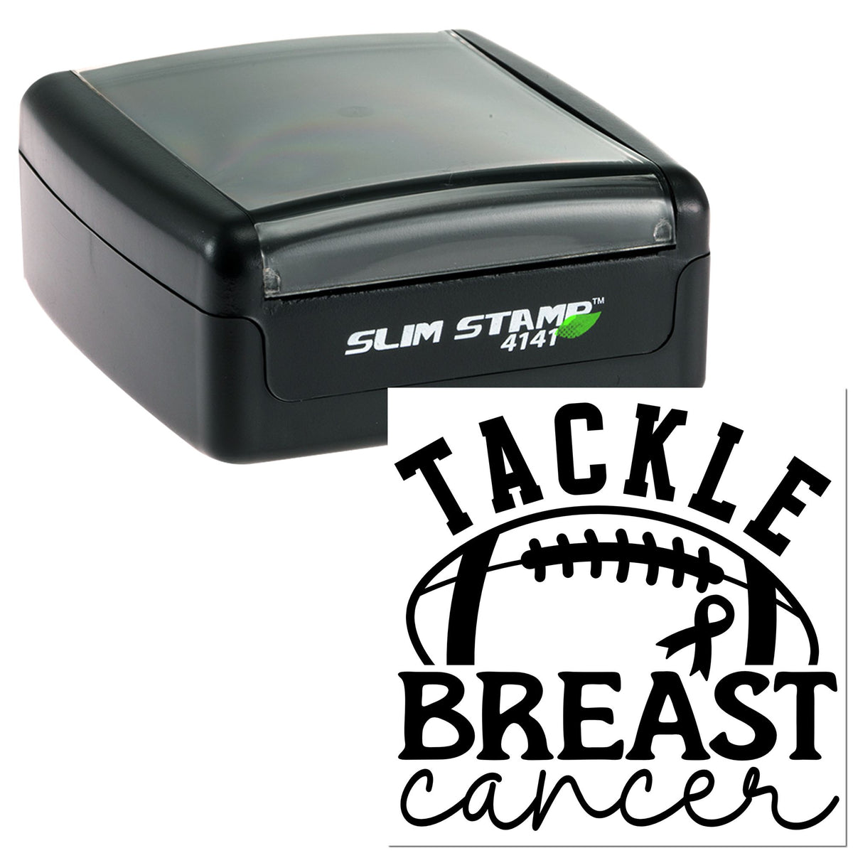 Black self-inking Slim Stamp 4141 with Tackle Breast Cancer seal logo in black on a white background