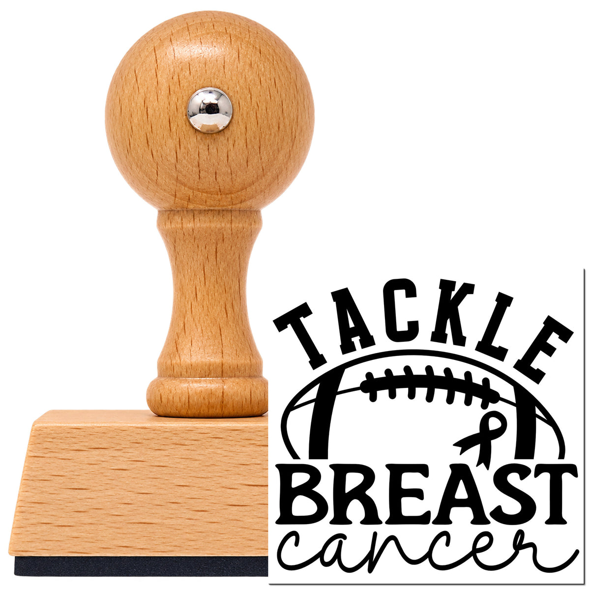 Vintage Pro beech wood stamp with a round knob handle, shown with its black Tackle Breast Cancer Football imprint on white.