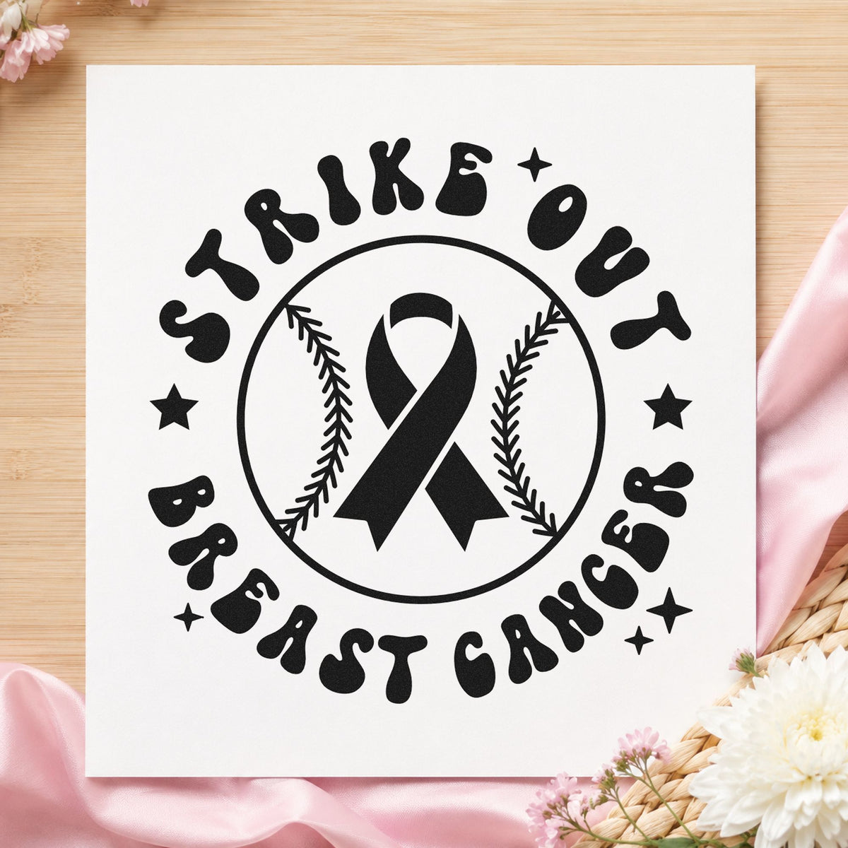 Strike Out Breast Cancer rubber stamp printed in black ink, ready for snack stand tags and similar paper crafts.