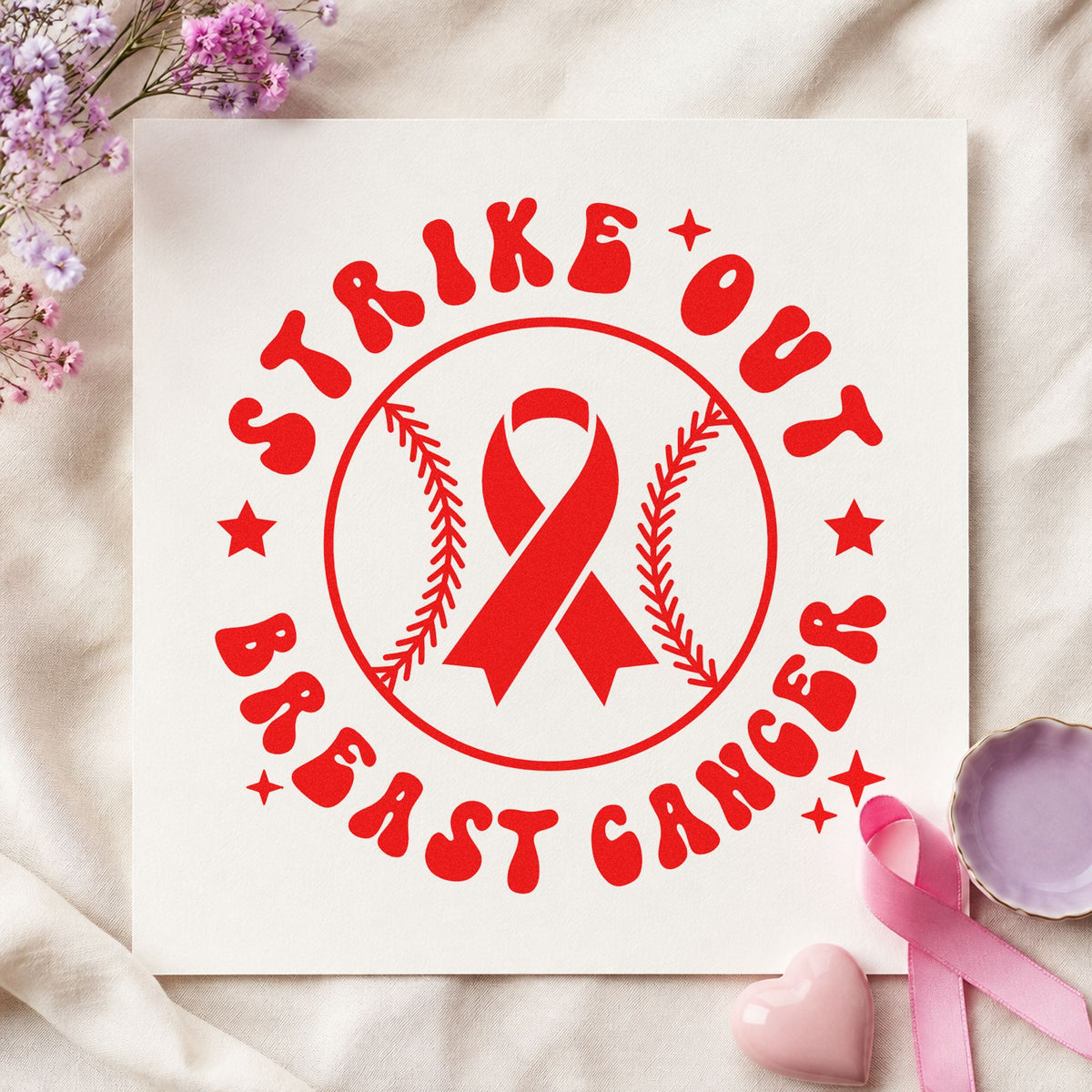 Strike Out Breast Cancer rubber stamp shown in red ink, stamped for projects such as first pitch programs.