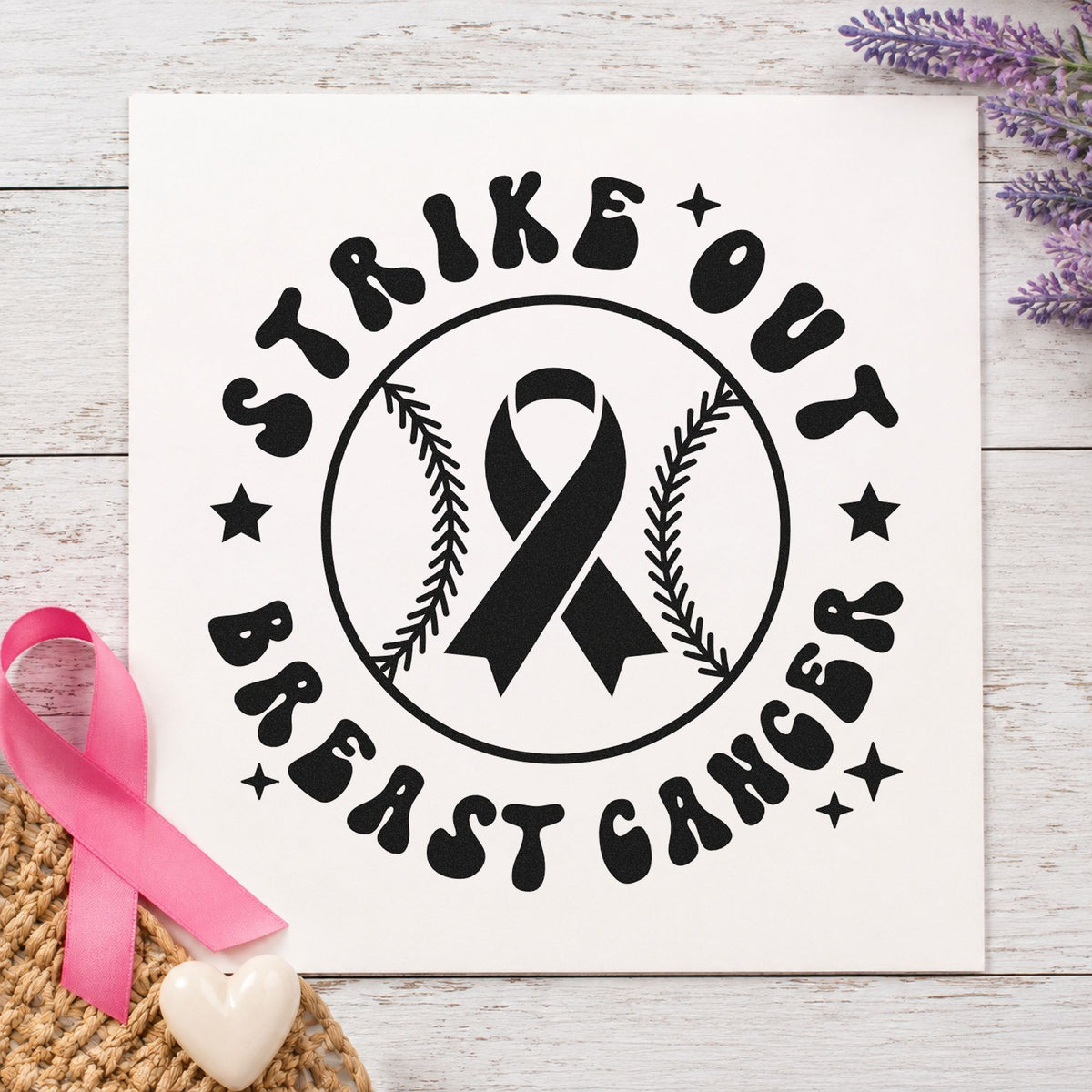 Strike Out Breast Cancer rubber stamp printed in black ink, ready for ballpark pink cards and similar paper crafts.