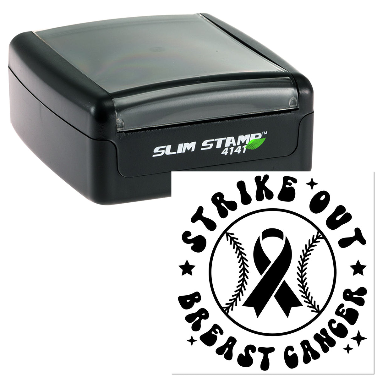 Black self-inking Slim Stamp 4141 and breast cancer seal with black ribbon, baseball design, and bold white lettering.