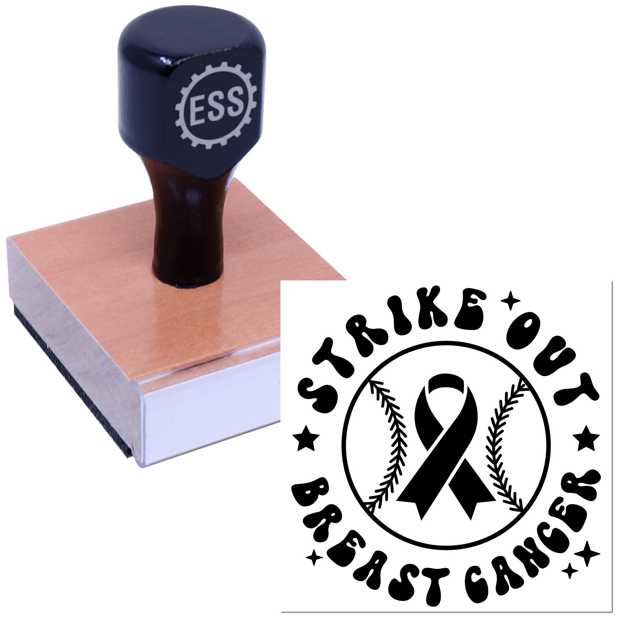 Black stamp and seal set on wooden block with breast cancer ribbon design and Strike Out Breast Cancer text