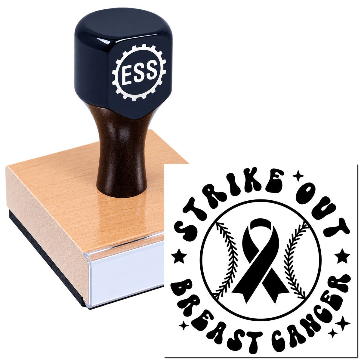 Black stamp and seal set on wooden block with breast cancer ribbon design and Strike Out Breast Cancer text