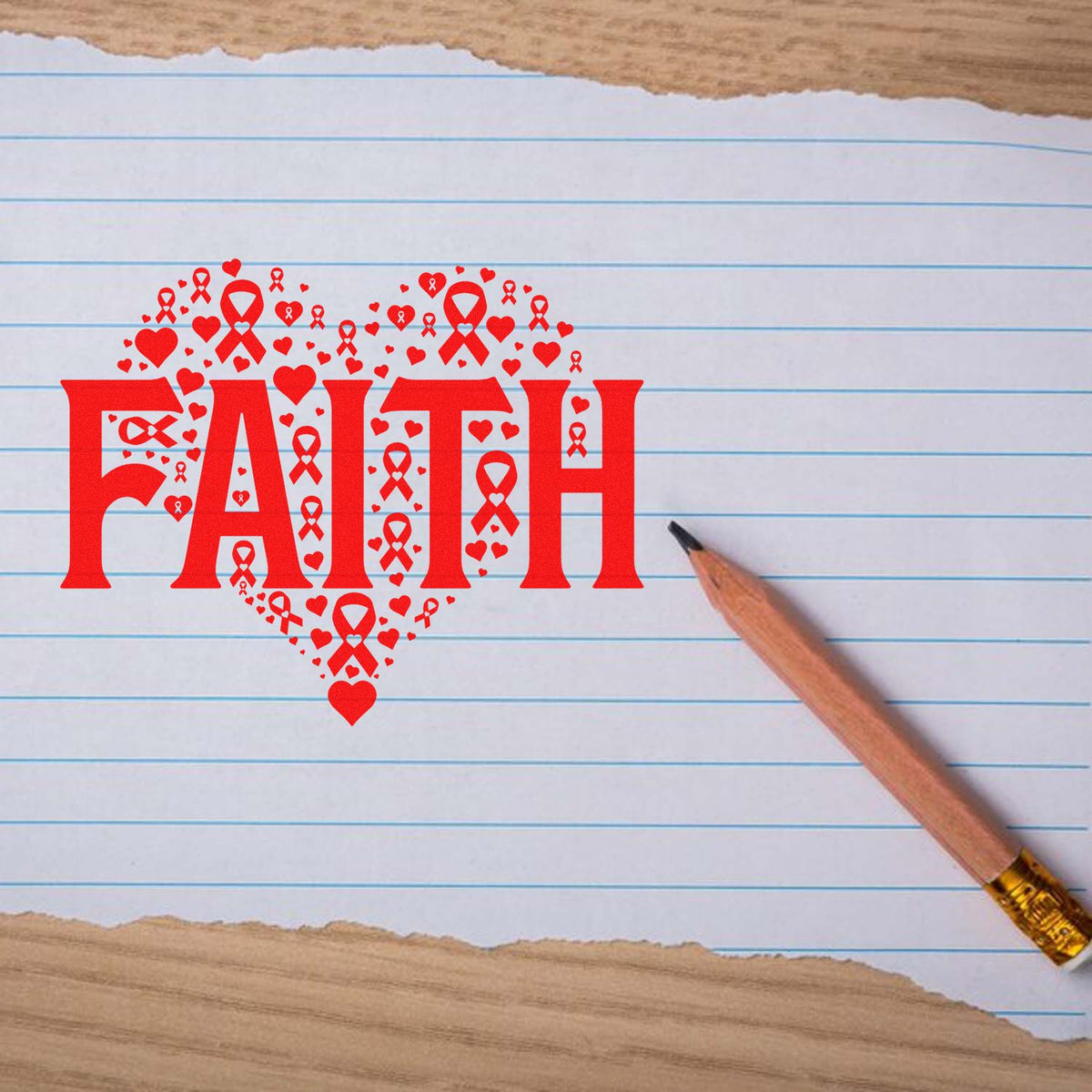 Red faith heart stamp seal with awareness ribbons and hearts on lined paper, beside a pencil.