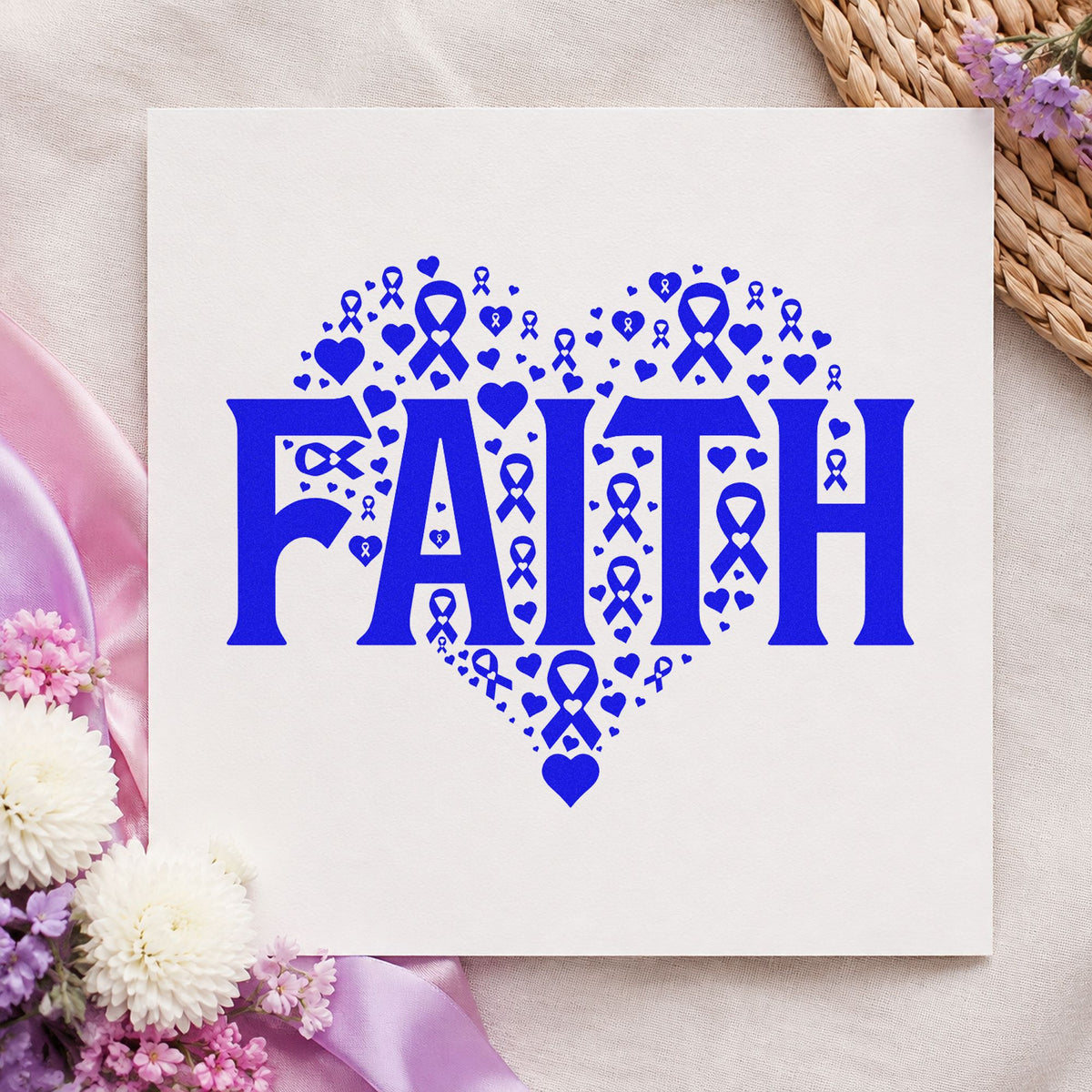 Faith Awareness Heart craft stamp in blue ink on cardstock, an easy option for scrapbook faith pages.