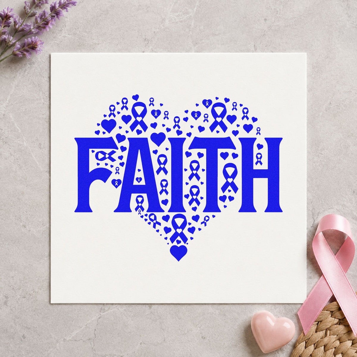 Faith Awareness Heart craft stamp imprinted in blue ink on paper, a design suited to walk team tees.