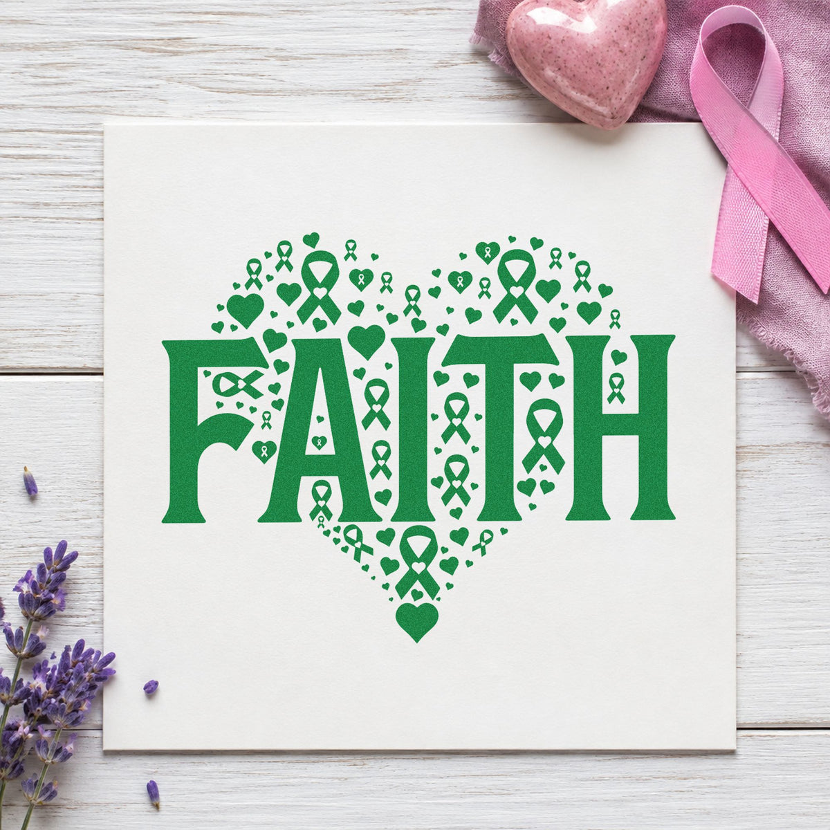 Faith Awareness Heart craft stamp imprint in green ink on a handmade project, one idea being framed wall art.