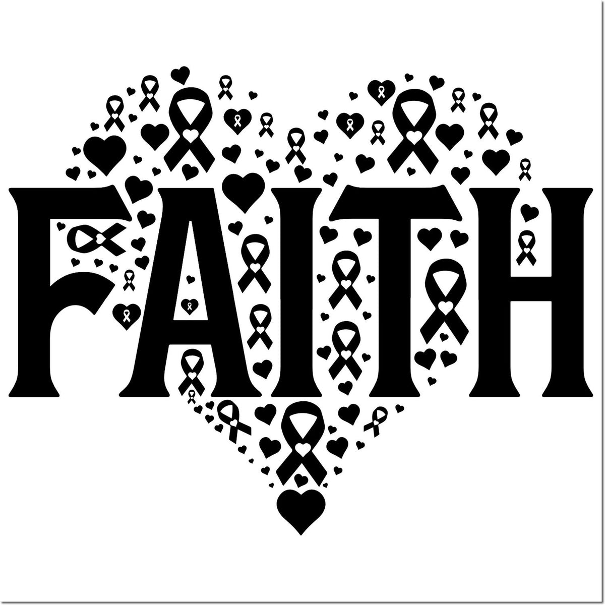 Black FAITH stamp with hearts and awareness ribbons forming a heart-shaped seal on white background.