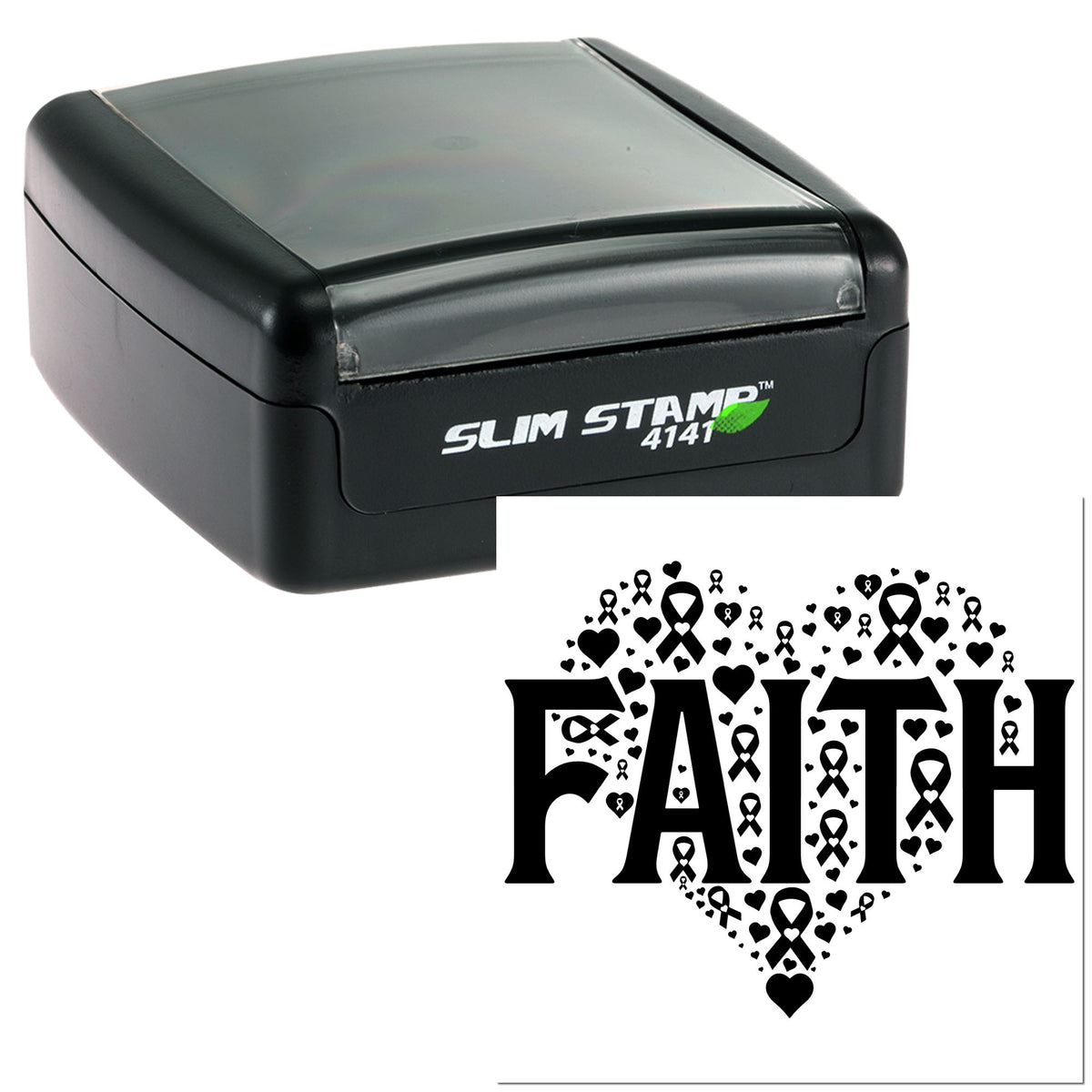 Black self-inking slim stamp and custom seal featuring FAITH in bold black with hearts and awareness ribbons