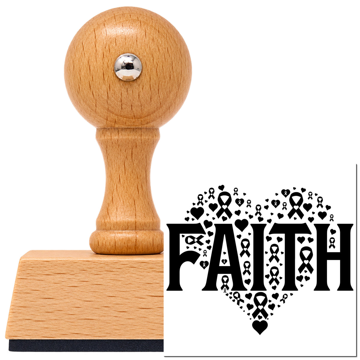 Vintage Pro beech wood stamp with a round knob handle, shown with its black Faith Awareness Heart imprint on white.