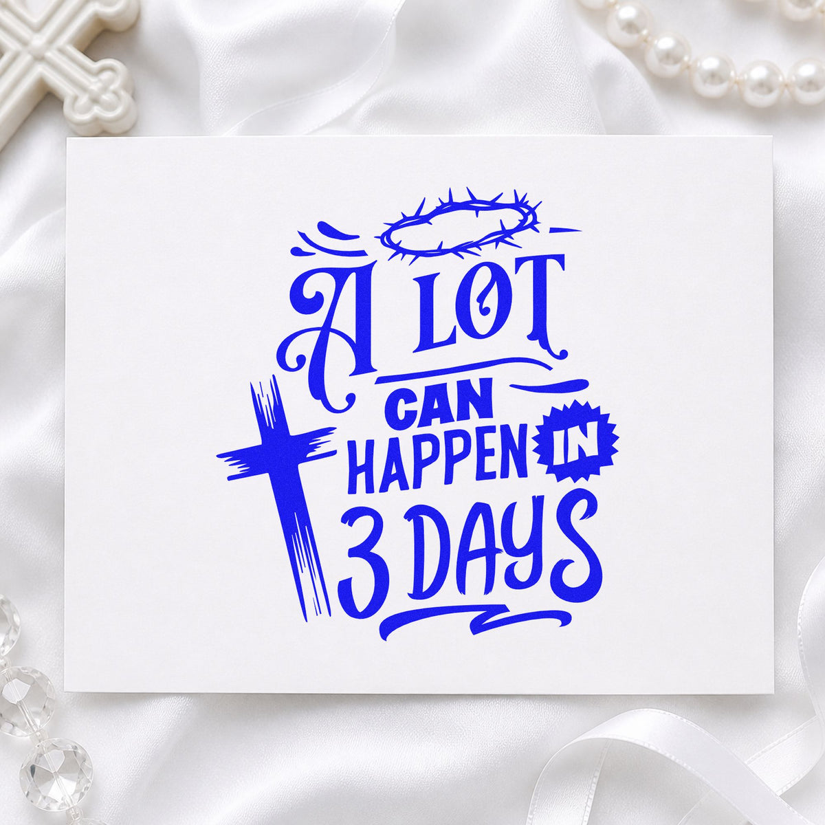 A Lot Can Happen in Three Days craft stamp in blue ink on cardstock, an easy option for basket gift tags.