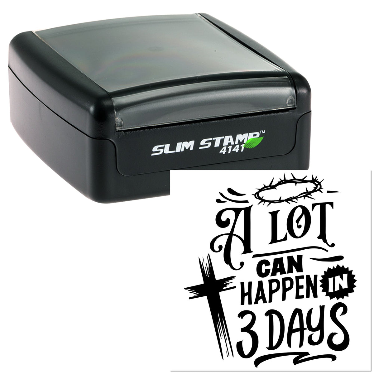 Black Slim Stamp 4141 self-inking stamp and seal with cross design and bold A Lot Can Happen in 3 Days text.
