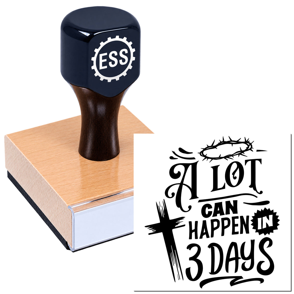 Navy ESS custom stamp on pink seal block with black religious seal design reading "A LOT CAN HAPPEN IN 3 DAYS."