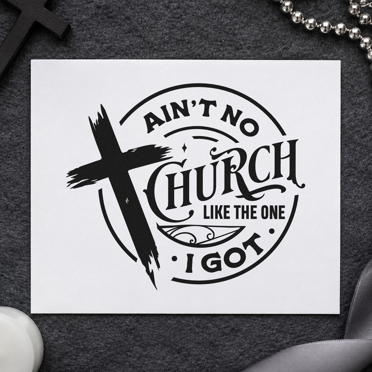 Ain't No Church Like Mine craft stamp imprint in black ink on a handmade project, one idea being choir robe gift tags.
