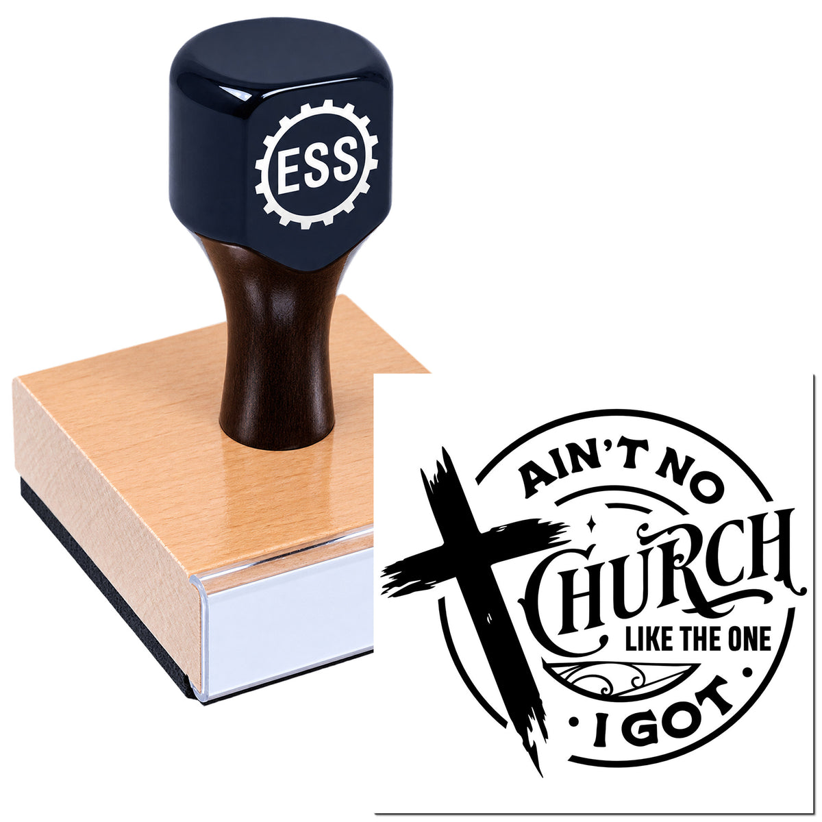 Dark navy stamp with ESS gear logo on a wooden block, beside a black church seal reading "Ain't No Church Like the One I Got"