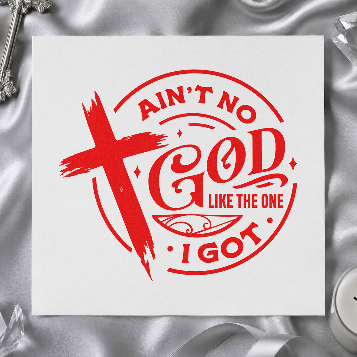 Ain't No God Like Mine rubber stamp shown in red ink, stamped for projects such as retreat swag tags.