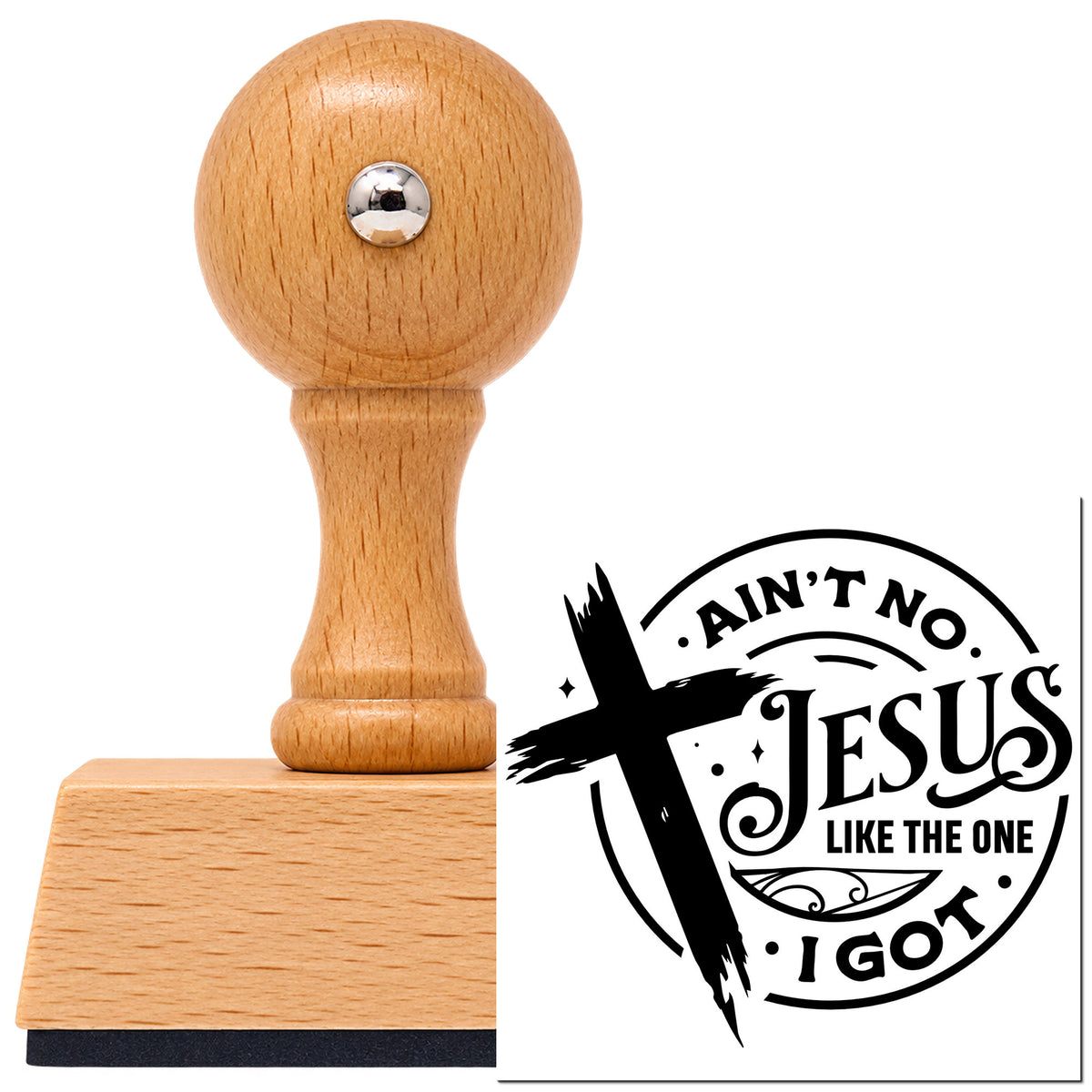 Vintage Pro beech wood stamp with a round knob handle, shown with its black Ain't No Jesus Like Mine Brushstroke Cross imprint on white.