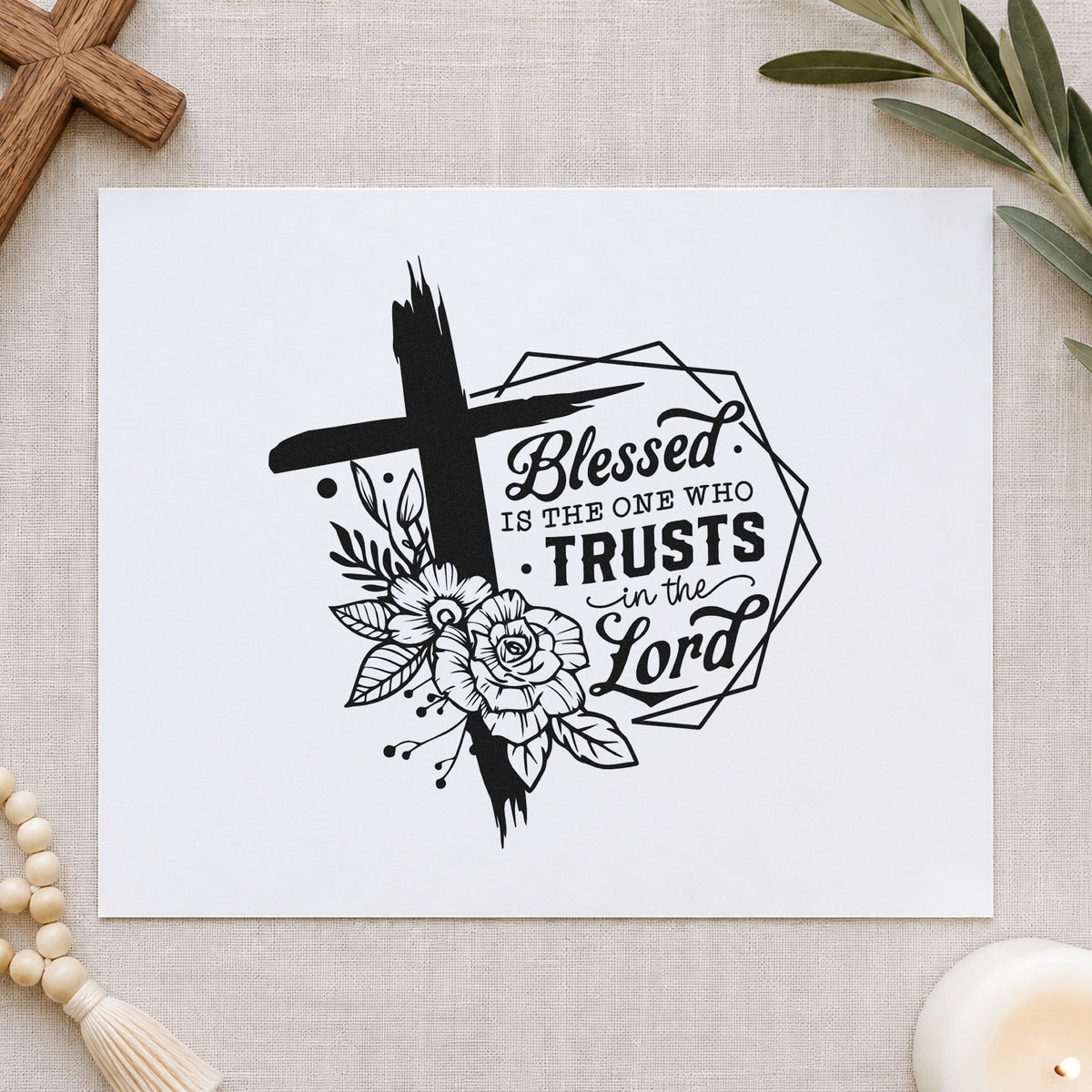 Blessed Is the One Who Trusts craft stamp imprint in black ink on a handmade project, one idea being bridal shower favors.