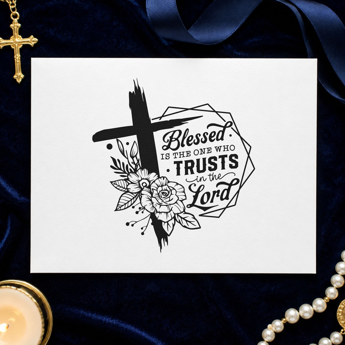 Blessed Is the One Who Trusts rubber stamp printed in black ink, ready for scrapbook blessing pages and similar paper crafts.