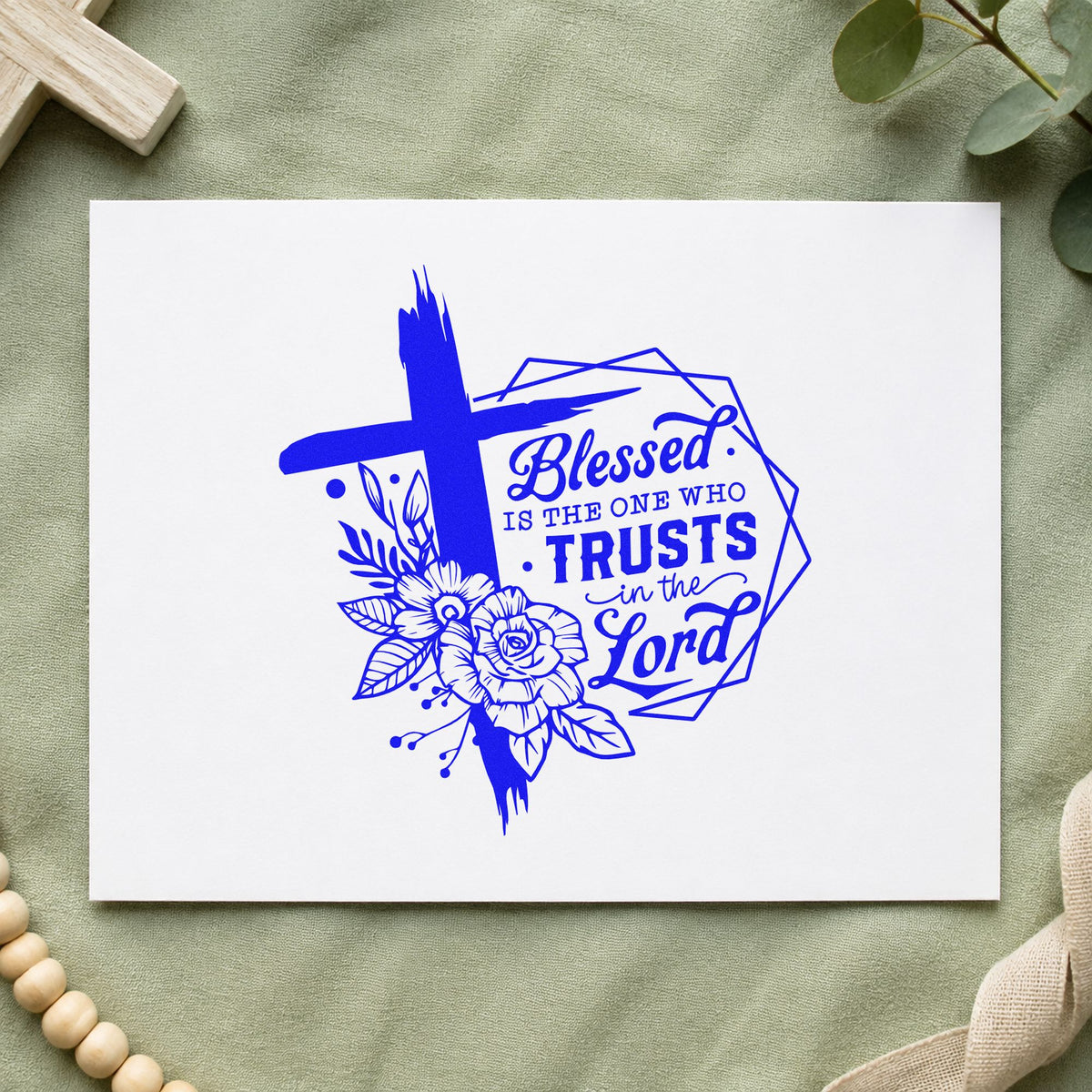 Blessed Is the One Who Trusts craft stamp in blue ink on cardstock, an easy option for garden plant markers.