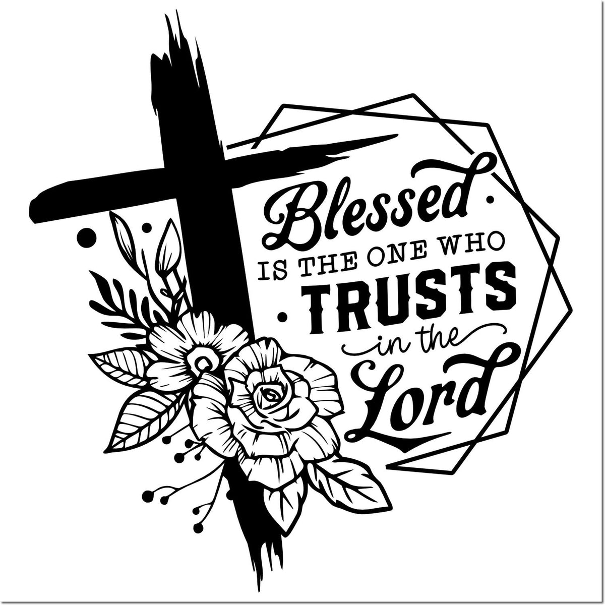 Black-and-white Christian stamp seal with cross, floral accents, and verse: Blessed is the one who trusts in the Lord.