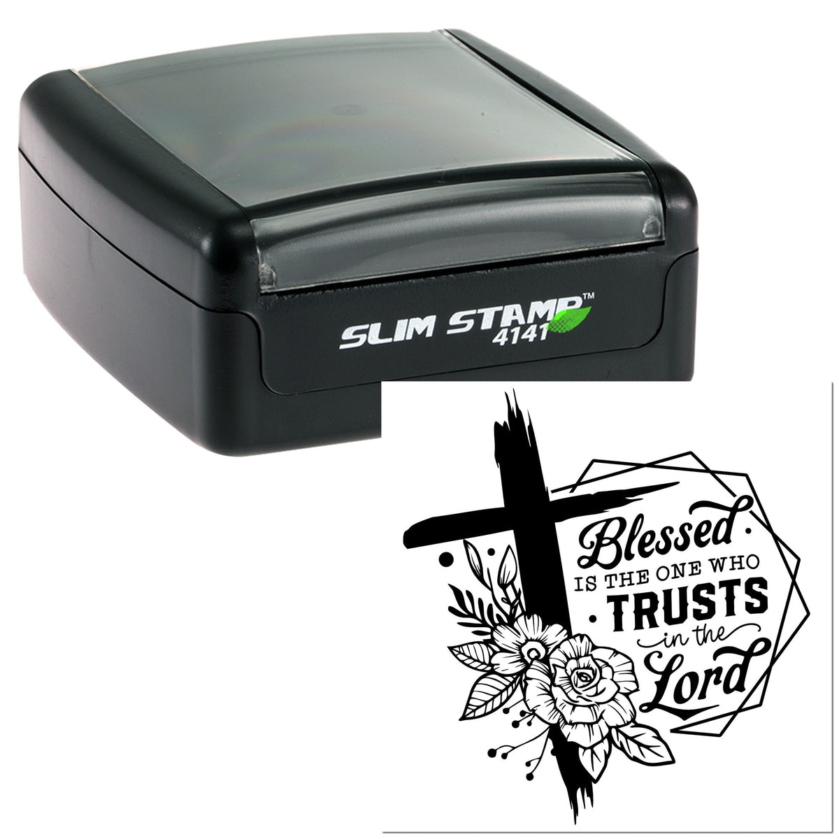 Black self-inking Slim Stamp 4141 with clear lid, showing a floral Christian seal reading Blessed is the one who trusts in the Lord.