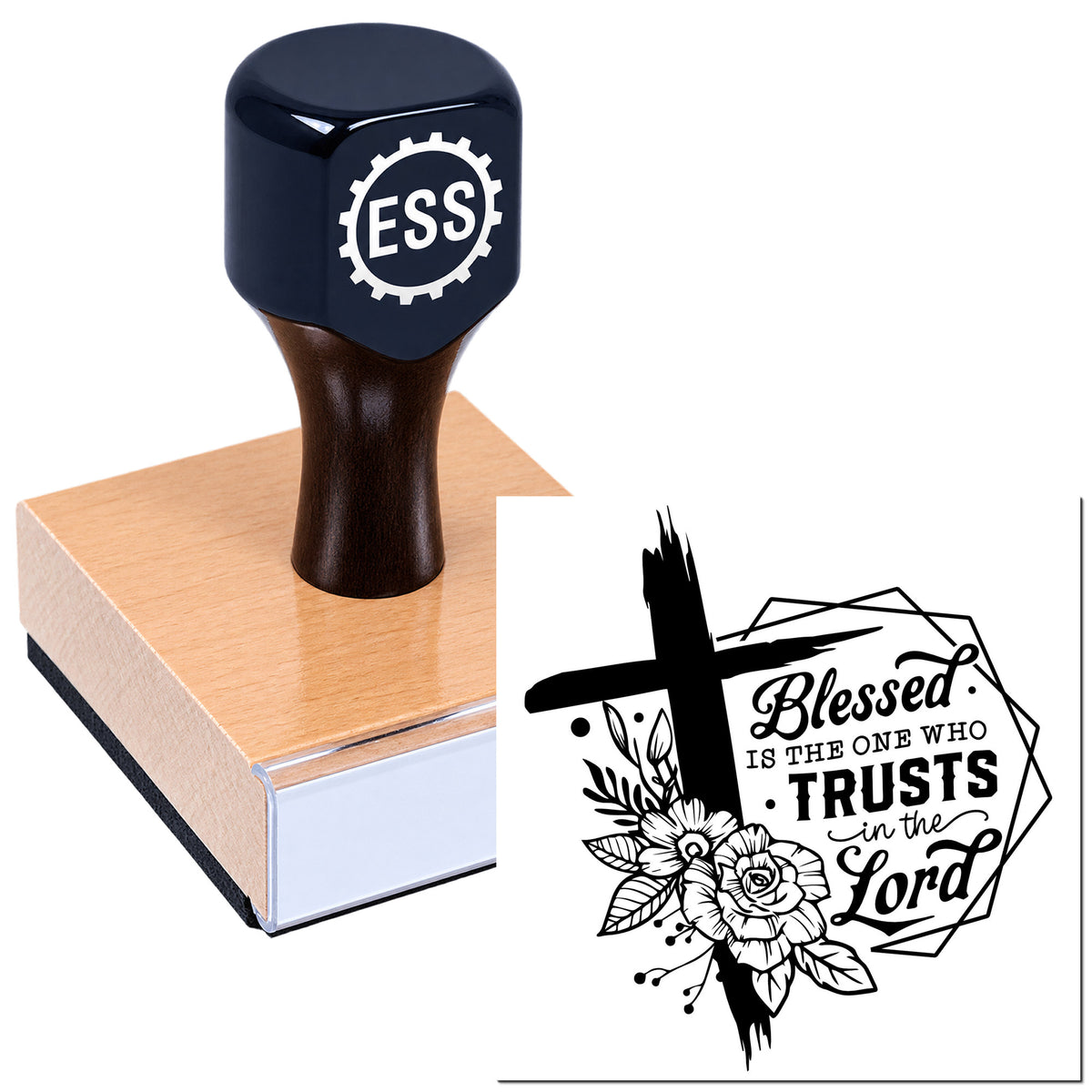 Dark blue ESS stamp on wooden block beside black floral seal design with cross and "Blessed is the one who trusts in the Lord" text.