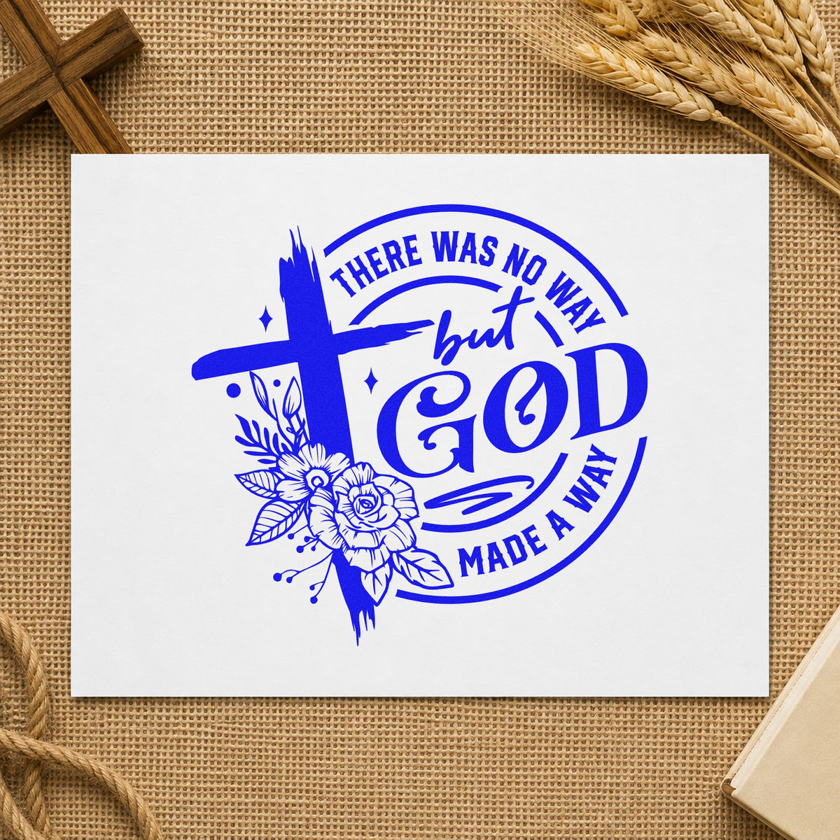 God Made a Way Floral craft stamp imprinted in blue ink on paper, a design suited to journal cover stamping.