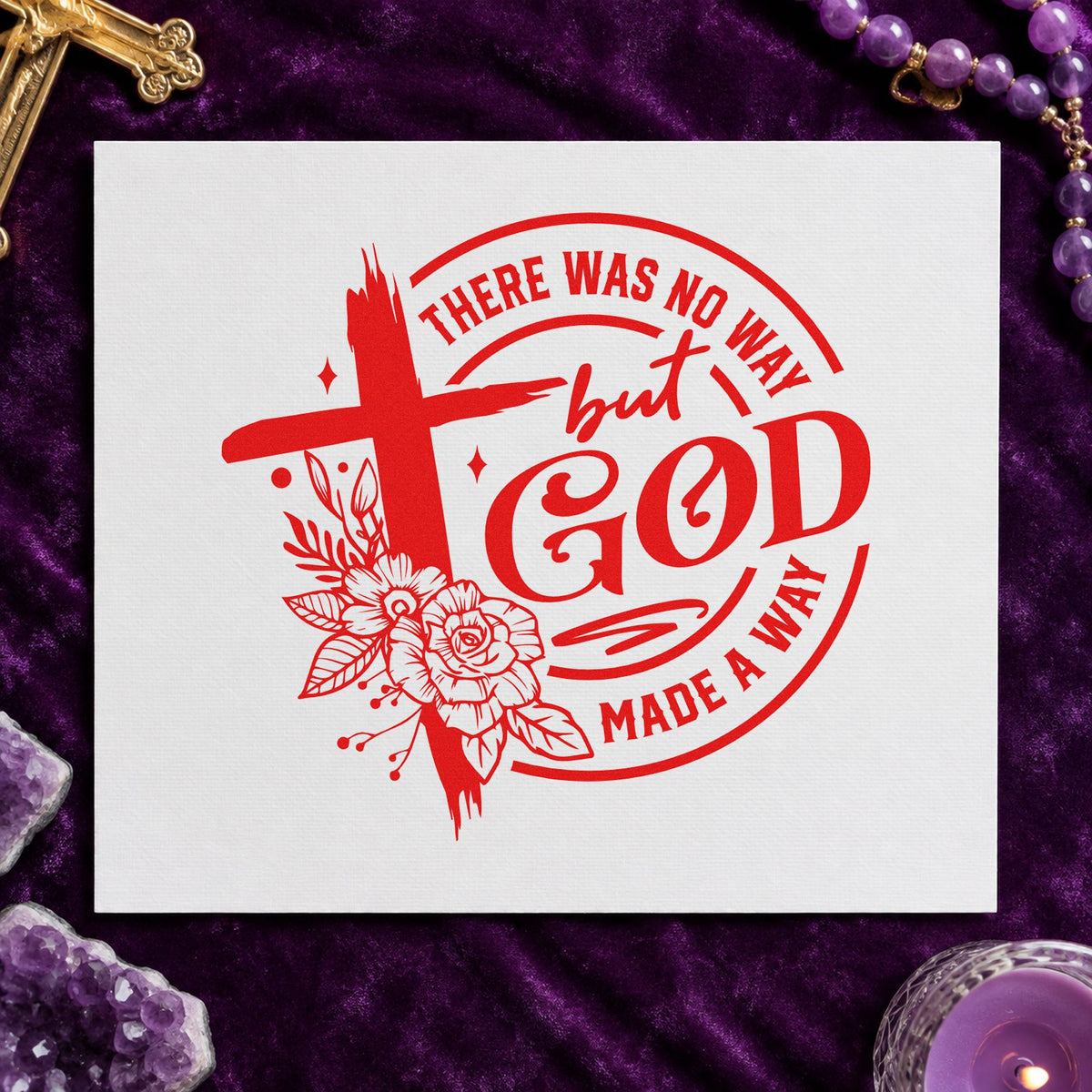 God Made a Way Floral rubber stamp shown in red ink, stamped for projects such as church welcome cards.