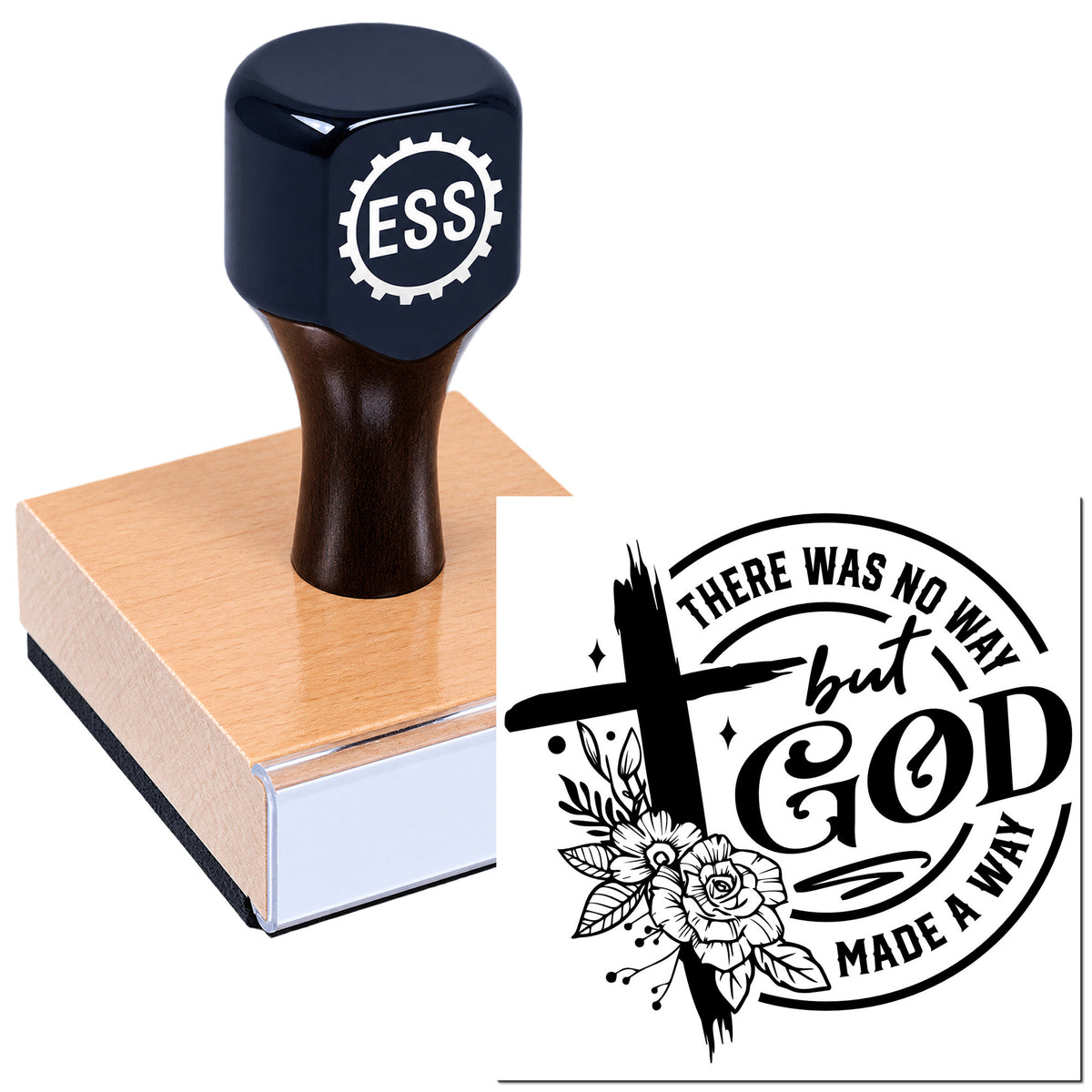 Dark navy rubber stamp on tan block with ESS logo, beside black circular seal reading "There was no way but God made a way."