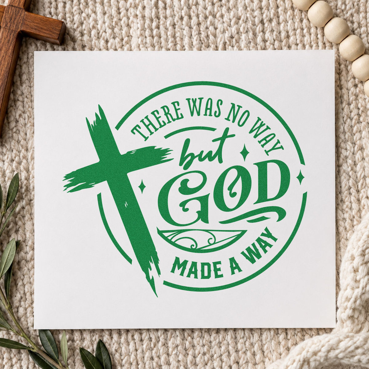 God Made a Way Cross craft stamp imprint in green ink on a handmade project, one idea being planner answered prayers.