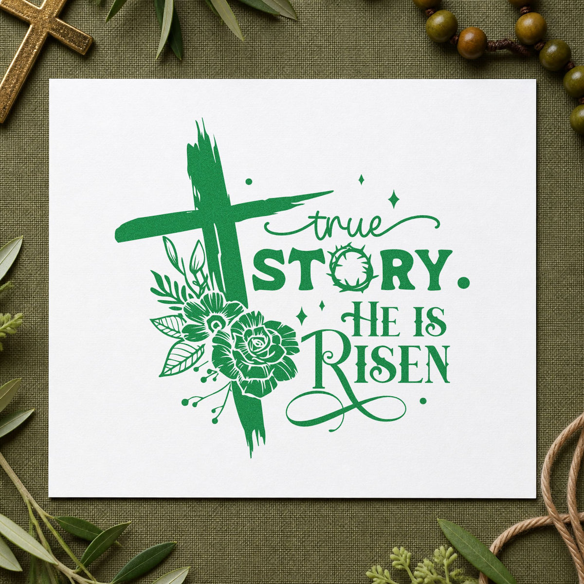 True Story He Is Risen Floral craft stamp in green ink on cardstock, an easy option for basket tags.